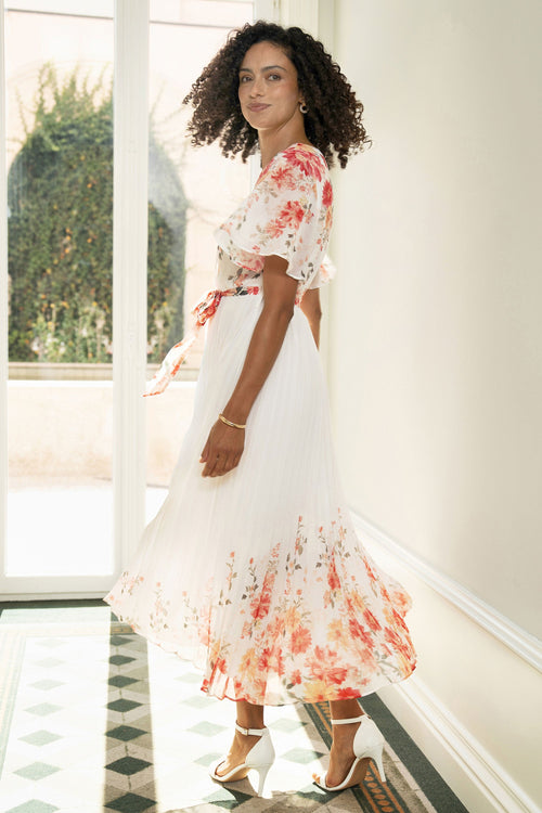Yumi White Mirror Floral Design Pleated Midi Dress