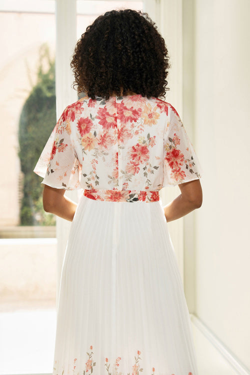 Yumi White Mirror Floral Design Pleated Midi Dress
