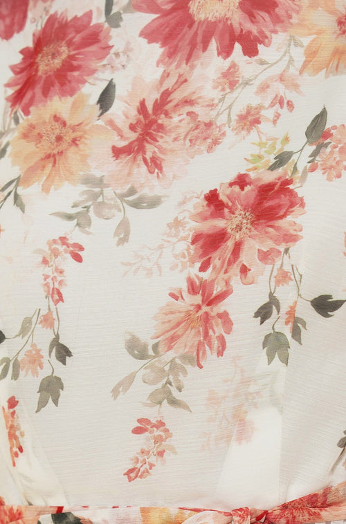 Yumi White Mirror Floral Design Pleated Midi Dress