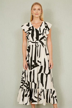 Yumi Ivory Abstract Print Viscose Midi Dress With Matching Belt