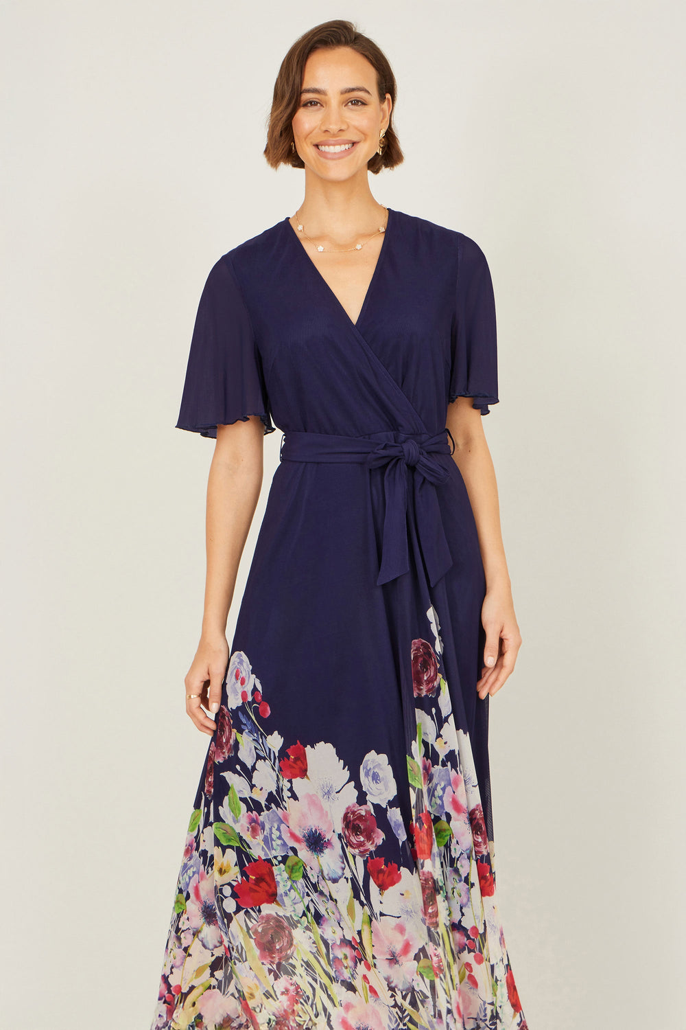Yumi Navy Mesh Wrap Midi Dress With Floral Hem Border