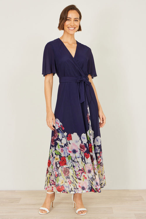 Yumi Navy Mesh Wrap Midi Dress With Floral Hem Border