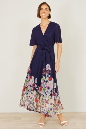Yumi Navy Mesh Wrap Midi Dress With Floral Hem Border