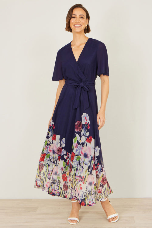 Yumi Navy Mesh Wrap Midi Dress With Floral Hem Border