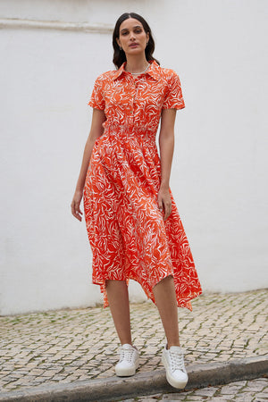 Yumi Coral Tropical Leaf print Midi Ruched Shirt Dress