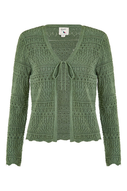 Yumi Green Crochet Tie Front Cardigan