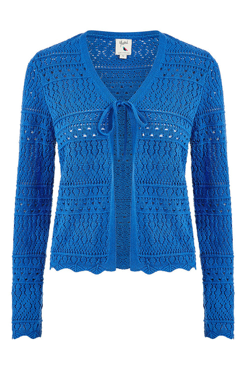 Yumi Blue Crochet Tie Front Cardigan