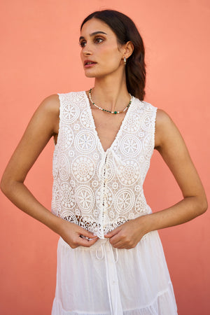 Yumi White Crochet Lace Tie Waistcoat