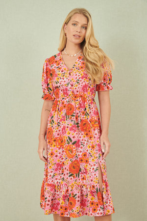 Yumi Pink Floral Midi Dress With Frill Hem and Puff Sleeves
