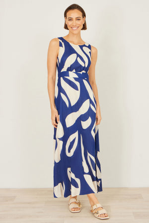 Yumi Navy Abstract Maxi Dress With Tie Back