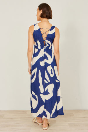 Yumi Navy Abstract Maxi Dress With Tie Back