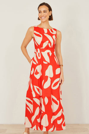 Yumi Orange Abstract Maxi Dress With Tie Back