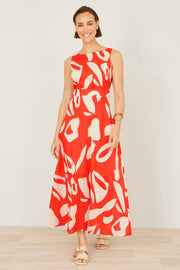 Yumi Orange Abstract Maxi Dress With Tie Back