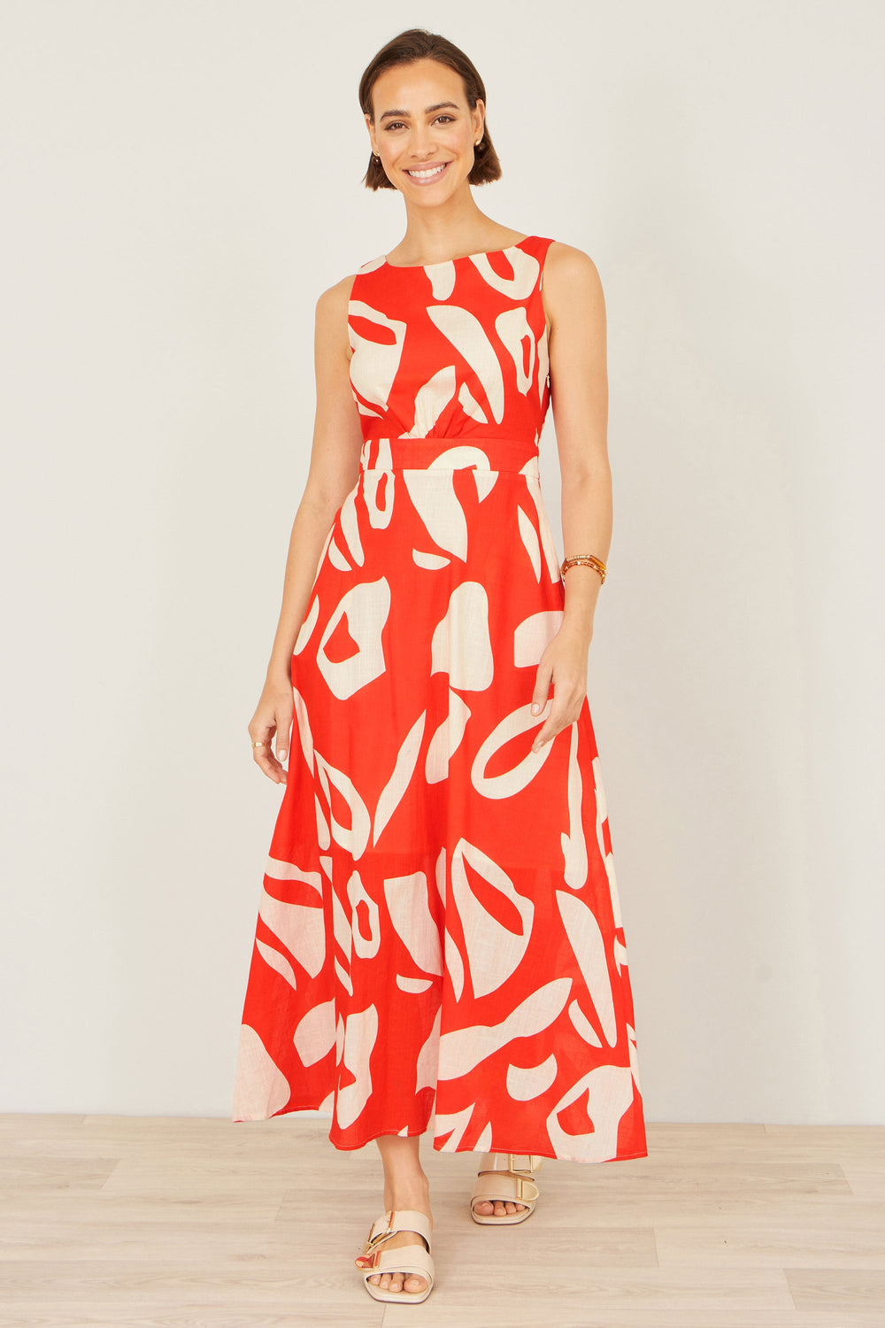 Yumi Orange Abstract Maxi Dress With Tie Back