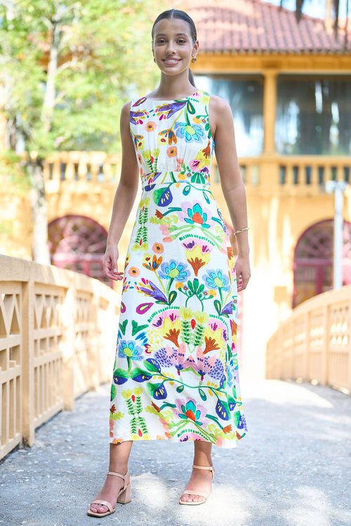 Yumi Multicolour Abstract Flower Maxi Dress With Tie Back