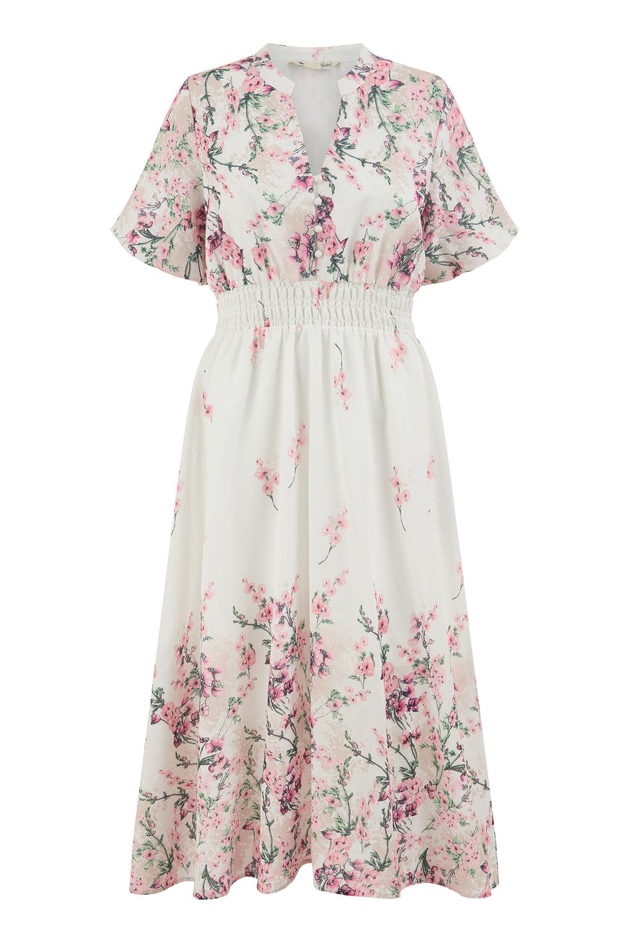 Yumi White Mirrored Floral Button Up Midi Dress With Ruched Waist