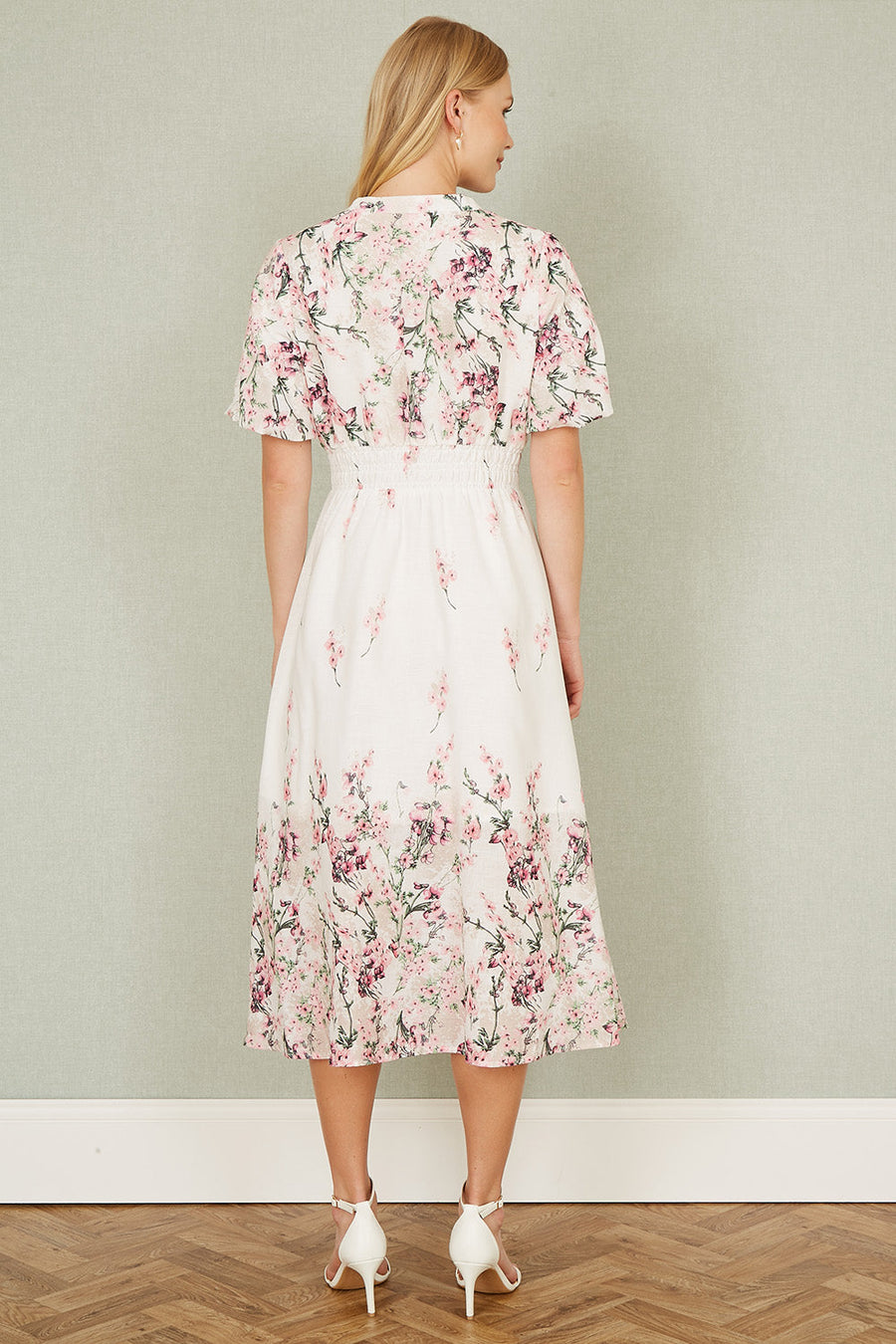 Yumi White Mirrored Floral Button Up Midi Dress With Ruched Waist