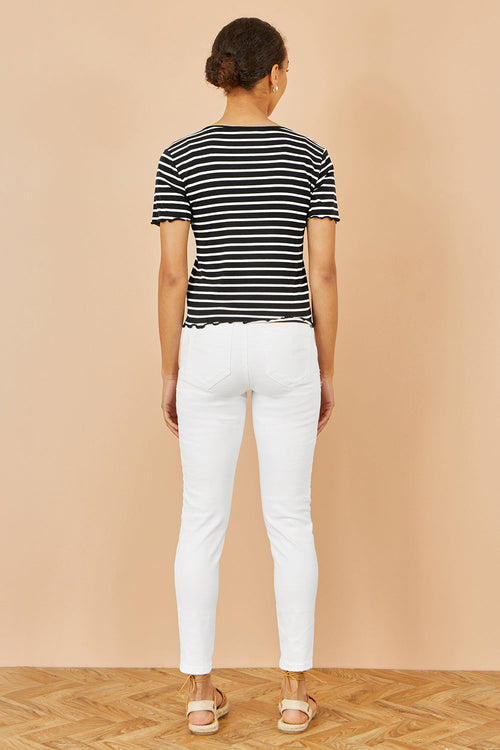 Yumi Black Striped Cotton Jersey Lettuce Trim T-Shirt