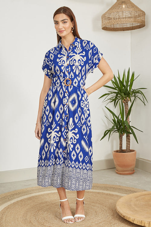Yumi Blue Abstract Geo Print Relaxed Midi Shirt Dress With Belt