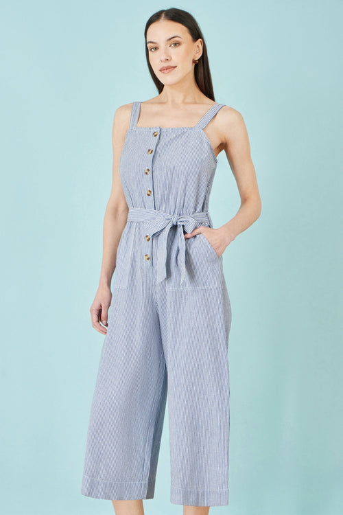 Yumi Blue Cotton Stripe Button Through Jumpsuit