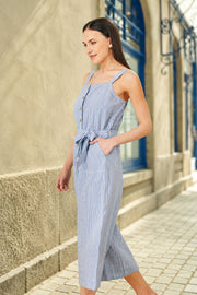 Yumi Blue Cotton Stripe Button Through Jumpsuit