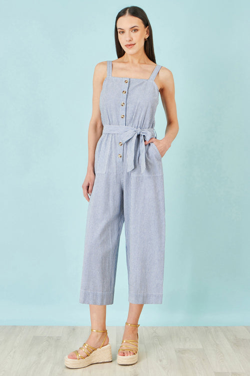 Yumi Blue Cotton Stripe Button Through Jumpsuit