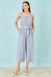 Yumi Blue Cotton Stripe Button Through Jumpsuit