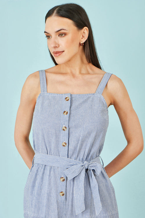 Yumi Blue Cotton Stripe Button Through Jumpsuit