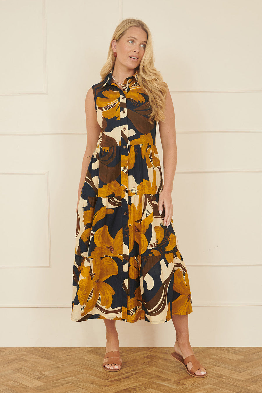 Yumi Navy Cotton Leaf Midi Sleeveless Shirt Dress
