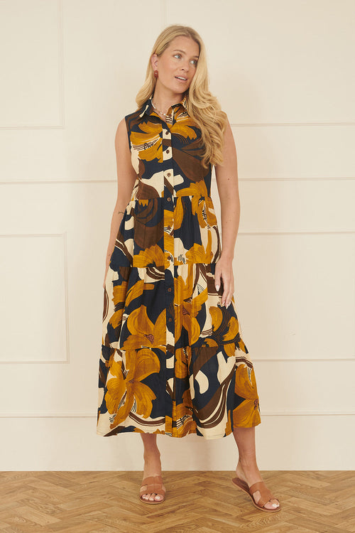 Yumi Navy Cotton Leaf Midi Sleeveless Shirt Dress