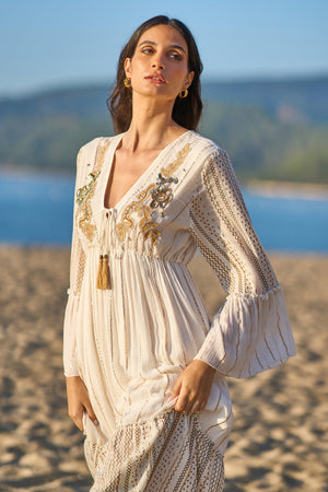 Yumi White Metallic Embellished Maxi Dress With Long Sleeves