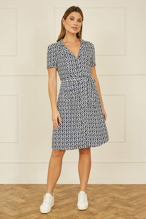 Yumi Navy Geo Print Retro Style Shirt Dress
