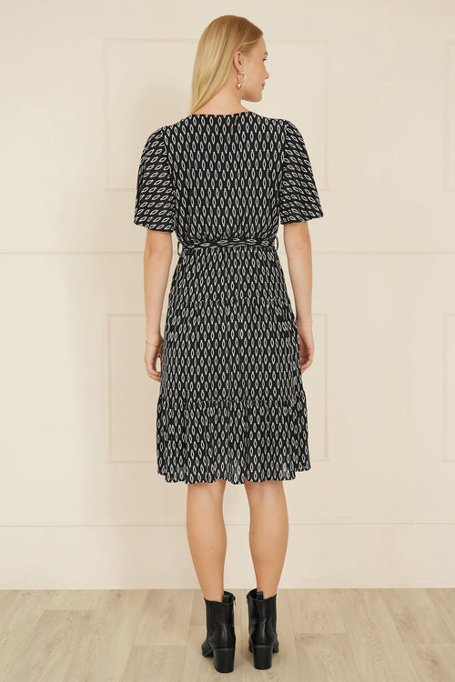 Yumi Black Geo Print Mesh Stretch Midi Skater Dress