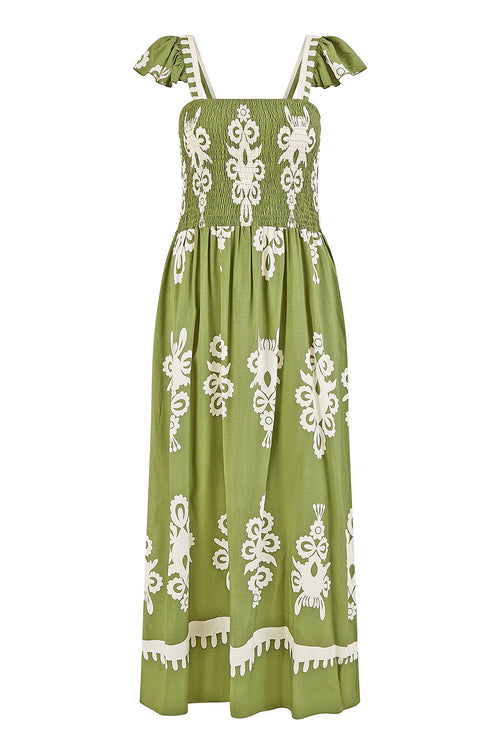 Yumi Green Block Print Ruched Maxi Dress
