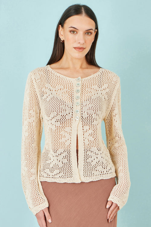 Yumi Beige Flower Crochet Button Up Cardigan