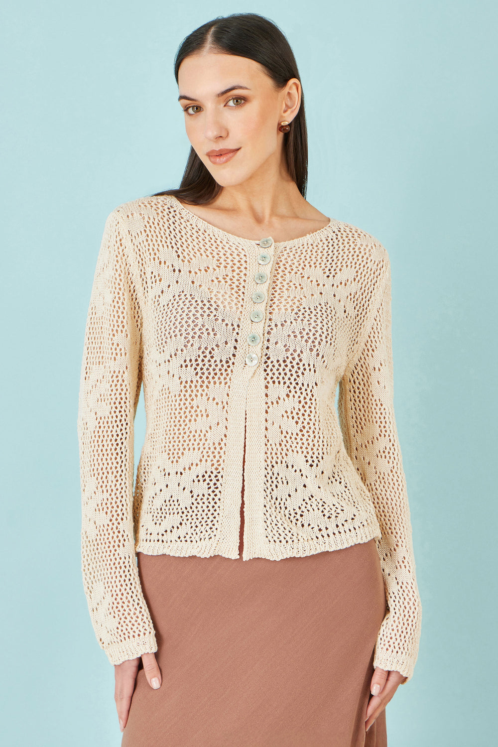 Yumi Beige Flower Crochet Button Up Cardigan