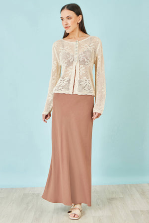 Yumi Beige Flower Crochet Button Up Cardigan
