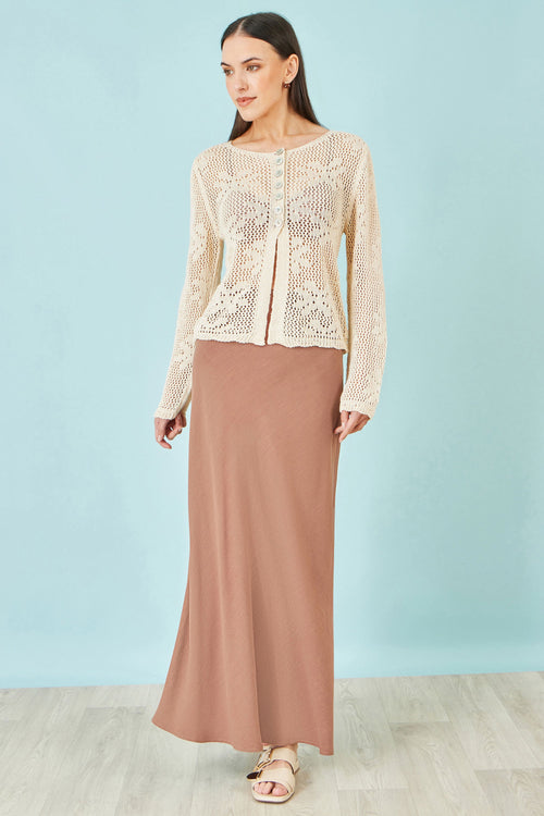 Yumi Beige Flower Crochet Button Up Cardigan