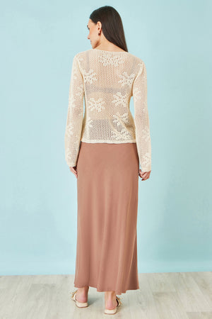 Yumi Beige Flower Crochet Button Up Cardigan