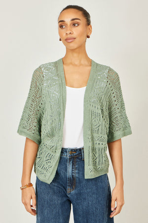 Yumi Green Crochet Edge To Edge 3/4 Sleeve Cardigan
