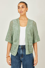 Yumi Green Crochet Edge To Edge 3/4 Sleeve Cardigan