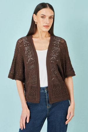 Yumi Brown Crochet Edge To Edge 3/4 Sleeve Cardigan
