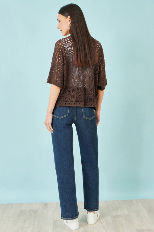 Yumi Brown Crochet Edge To Edge 3/4 Sleeve Cardigan