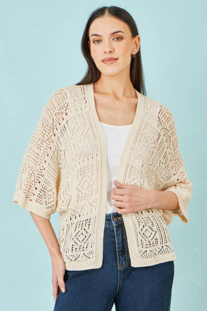 Yumi Ivory Crochet Edge To Edge 3/4 Sleeve Cardigan
