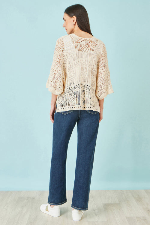 Yumi Ivory Crochet Edge To Edge 3/4 Sleeve Cardigan