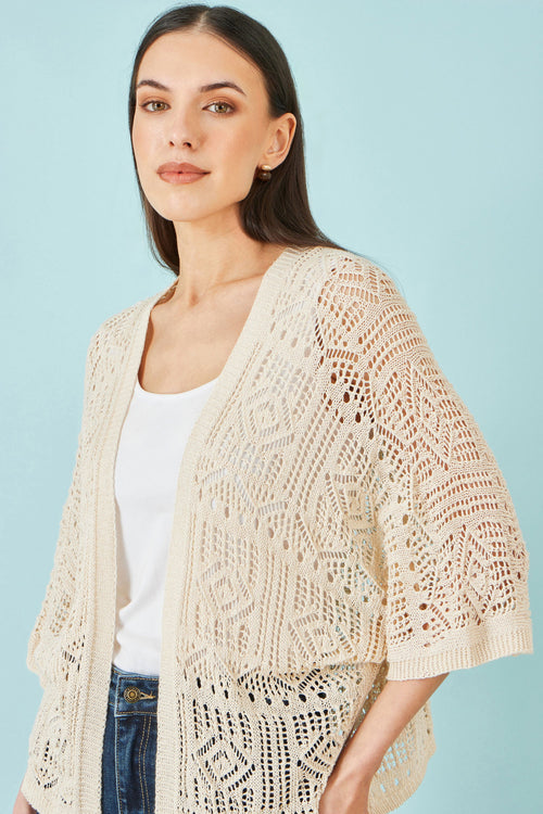 Yumi Ivory Crochet Edge To Edge 3/4 Sleeve Cardigan