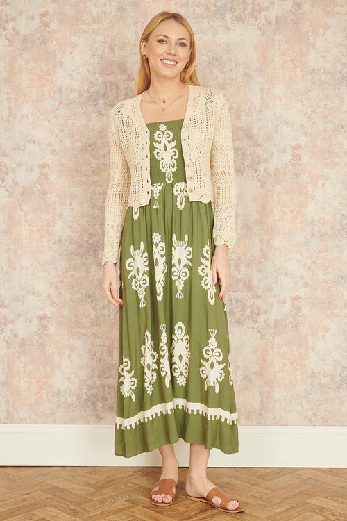 Yumi Beige Crochet Knitted Cropped Cardigan