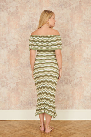 Yumi Green Stripe Crochet Knit Bardot Midi Dress
