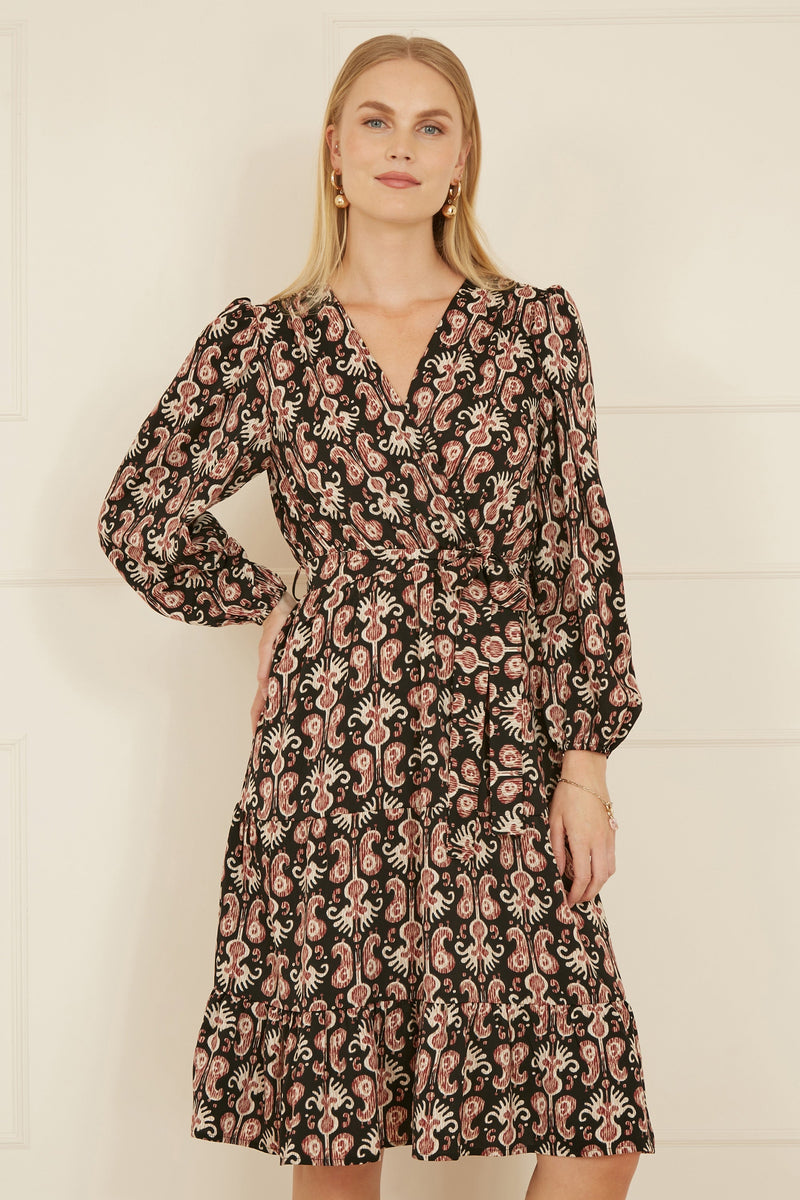Yumi Black Ikat Long Sleeve Skater Dress