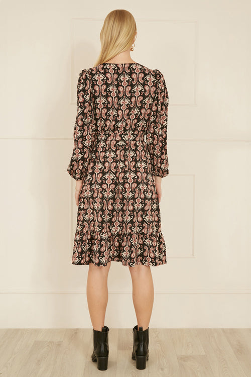 Yumi Black Ikat Long Sleeve Skater Dress
